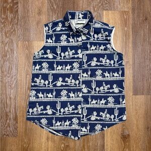 VTG banjo Navy Western Print Sleeveless Shirt